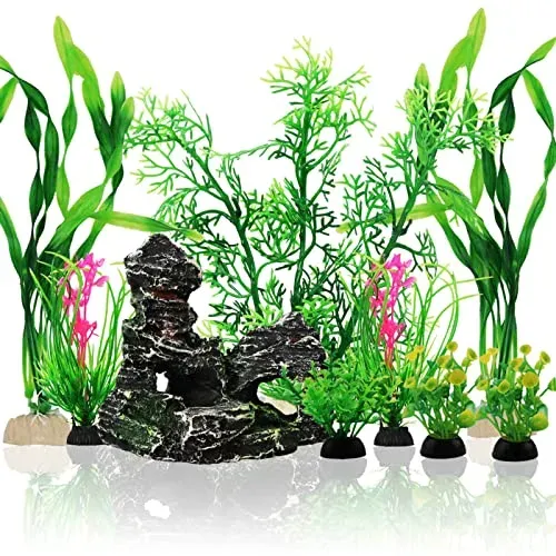 Décoration d'aquarium QUOZUO : 9 pièces, plantes et rocher