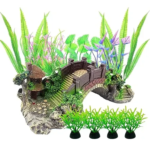 Kingrun décor aquarium : 13 plantes artificielles et pont résine