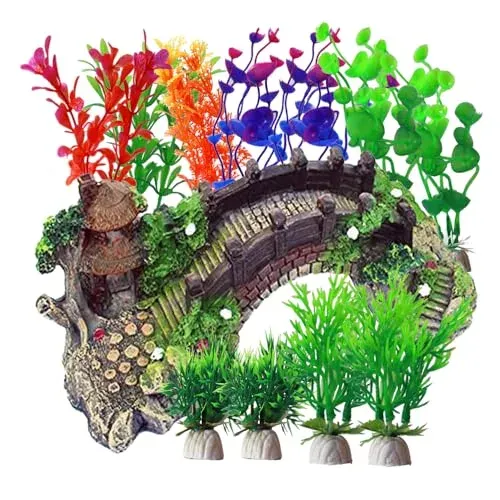Kingrun décor aquarium : pont en arc et 12 plantes en résine