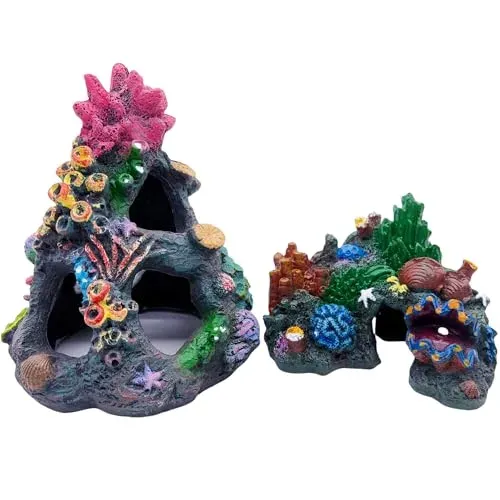 Lot de 2 décors grotte et récif en résine Tfwadmx