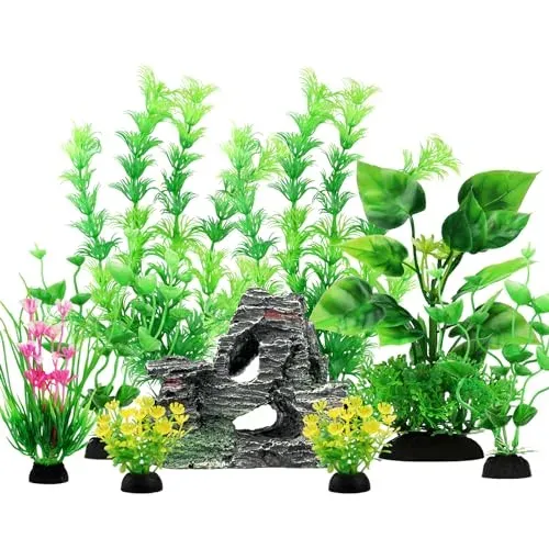 Lot de 9 plantes artificielles QUOZUO avec pierre pour aquarium
