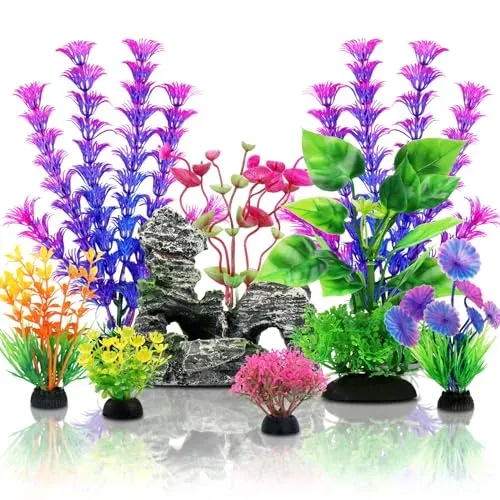 Lot de 9 plantes artificielles et rocher décoratif pour aquarium
