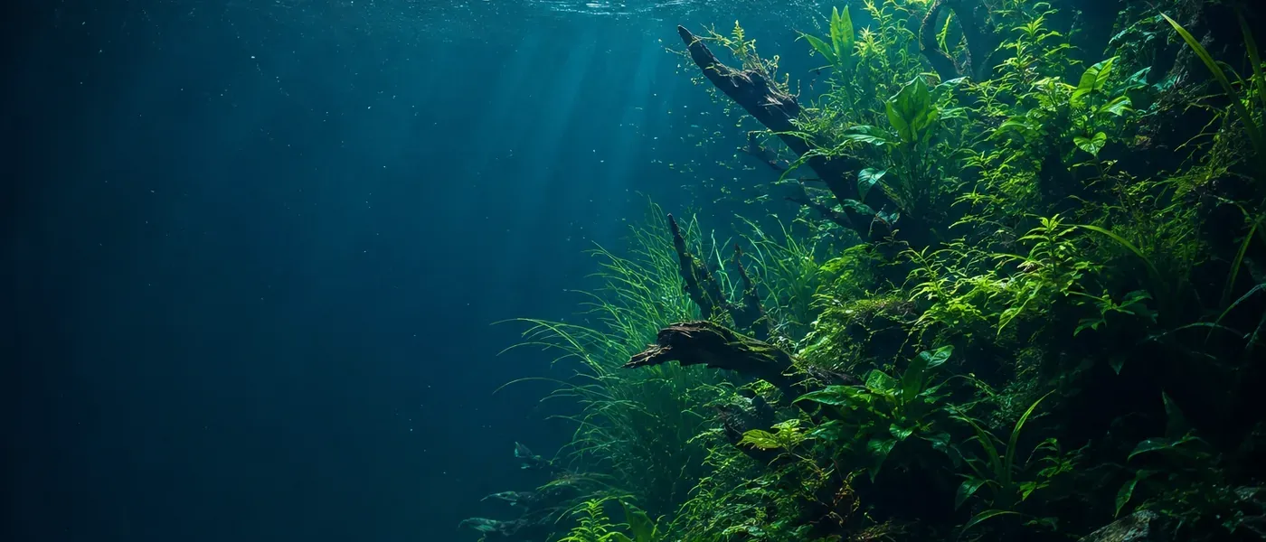 Aquarium planté vu de face, rayons de lumière traversant l'eau et les plantes