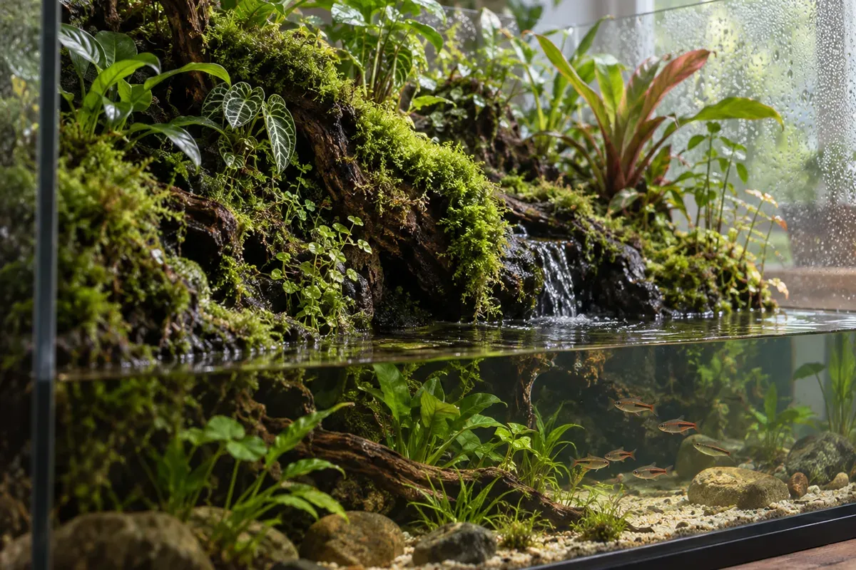 Aquaterrarium : cuve, filtration, chauffage et plantes pour zone d'eau et zone de terre