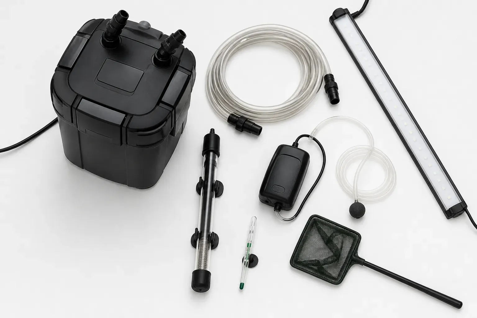 Filtre externe, chauffage et rampe LED installés sur un aquarium