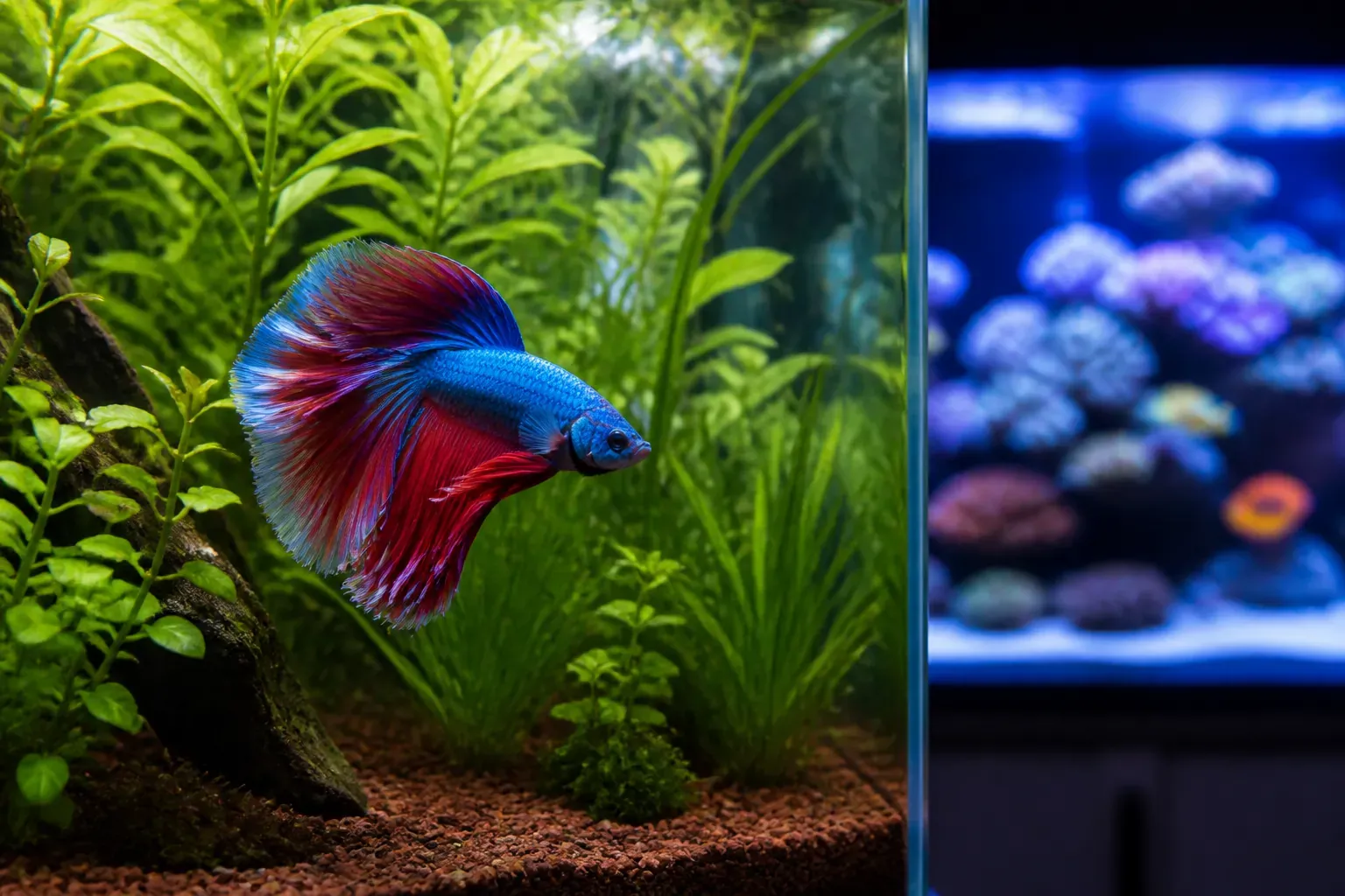 Poisson combattant et crevettes rouges dans un aquarium planté