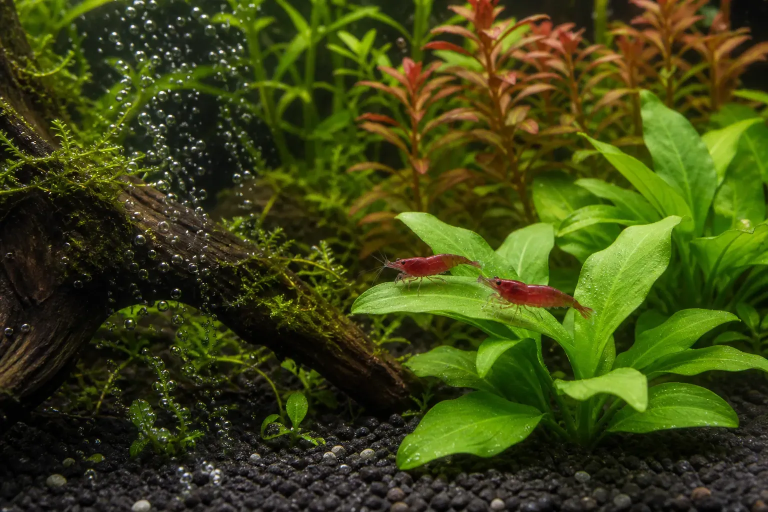 Plantes aquatiques, sol nutritif et diffuseur de CO2 dans un bac planté