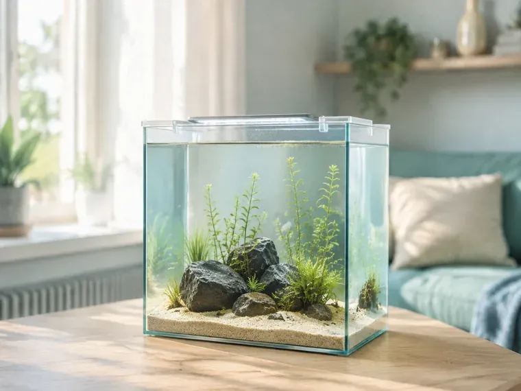 Nano aquarium planté posé sur un meuble bas dans un salon clair