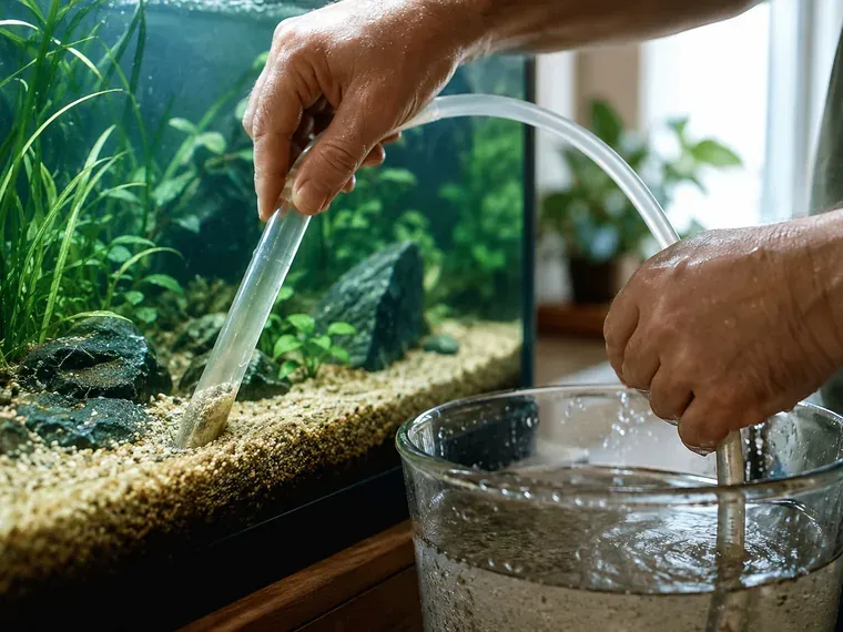 Changement d'eau au siphon, l'eau s'écoule dans un seau posé au sol